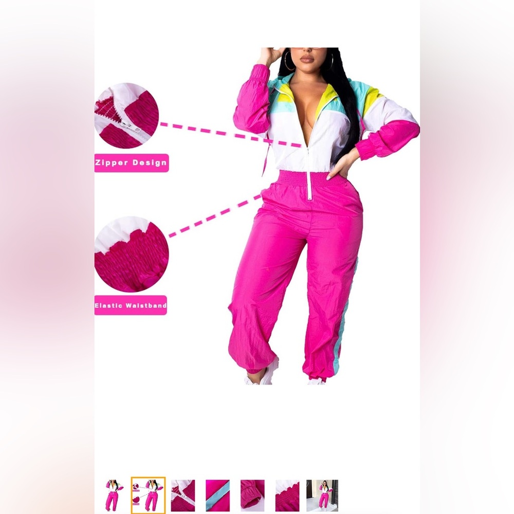 VOIKERDR Women Colorblock One Piece Outfits Set High Waist Windbreaker Jumpsuit - Picture 3 of 12